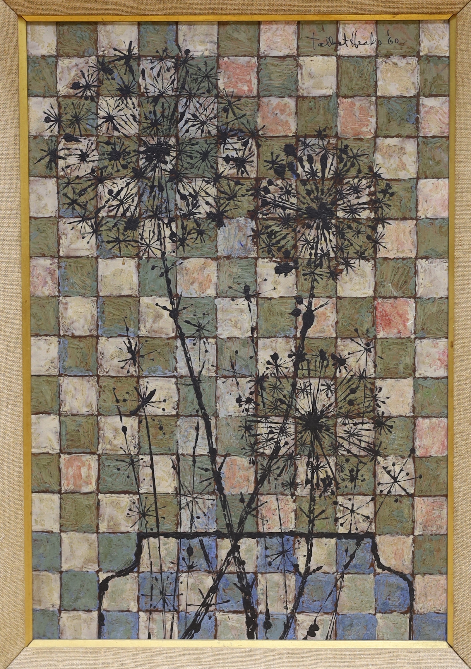 Talbot Hicks (20th. C), oil on board, 'Dried Allium heads and geometric squares', signed and dated '60, 40 x 26cm